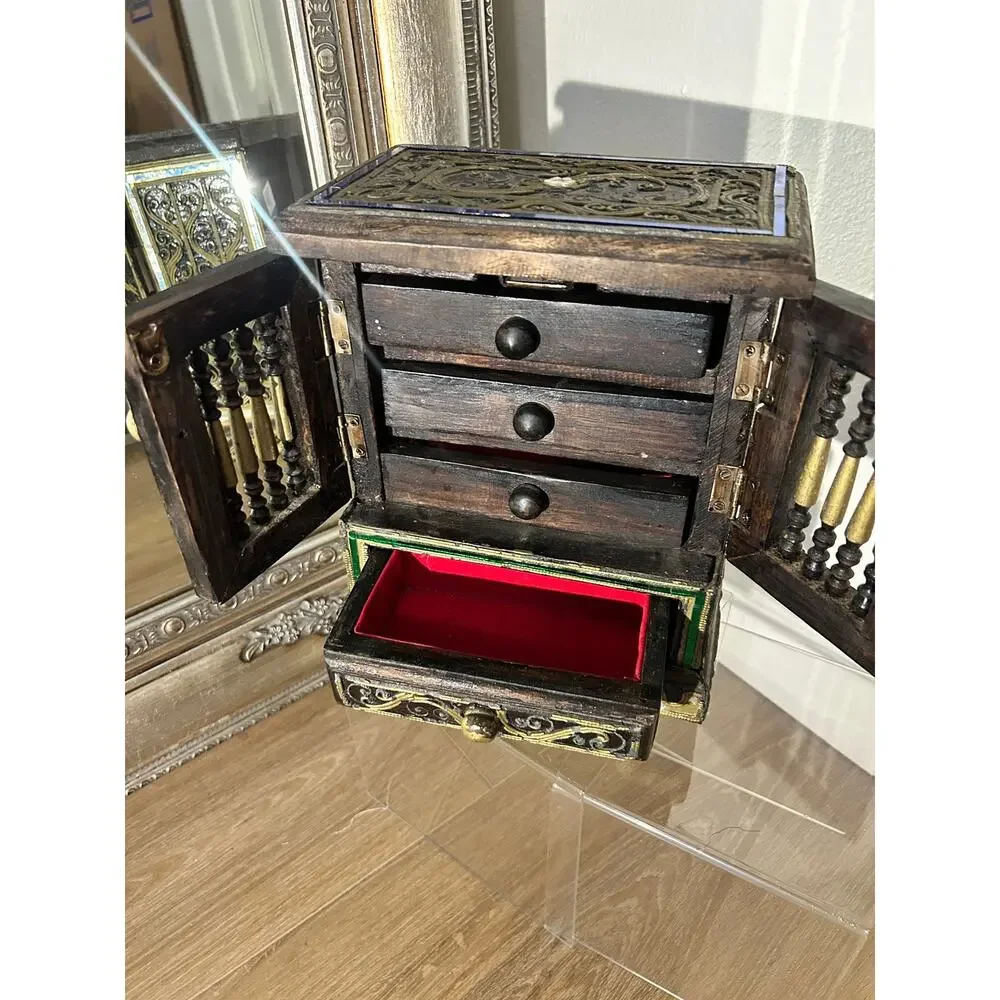 Vintage Thai Wooden Jewelry Box Mini Cabinet Armoire Boho Trinket Chest